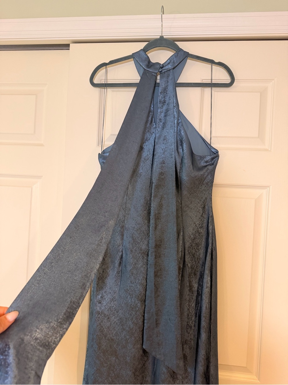 NWT ADRIANNA FOILED SATIN MERMAID GOWN HALTER NECKLINE FRENCH BLUE - Picture 7 of 9